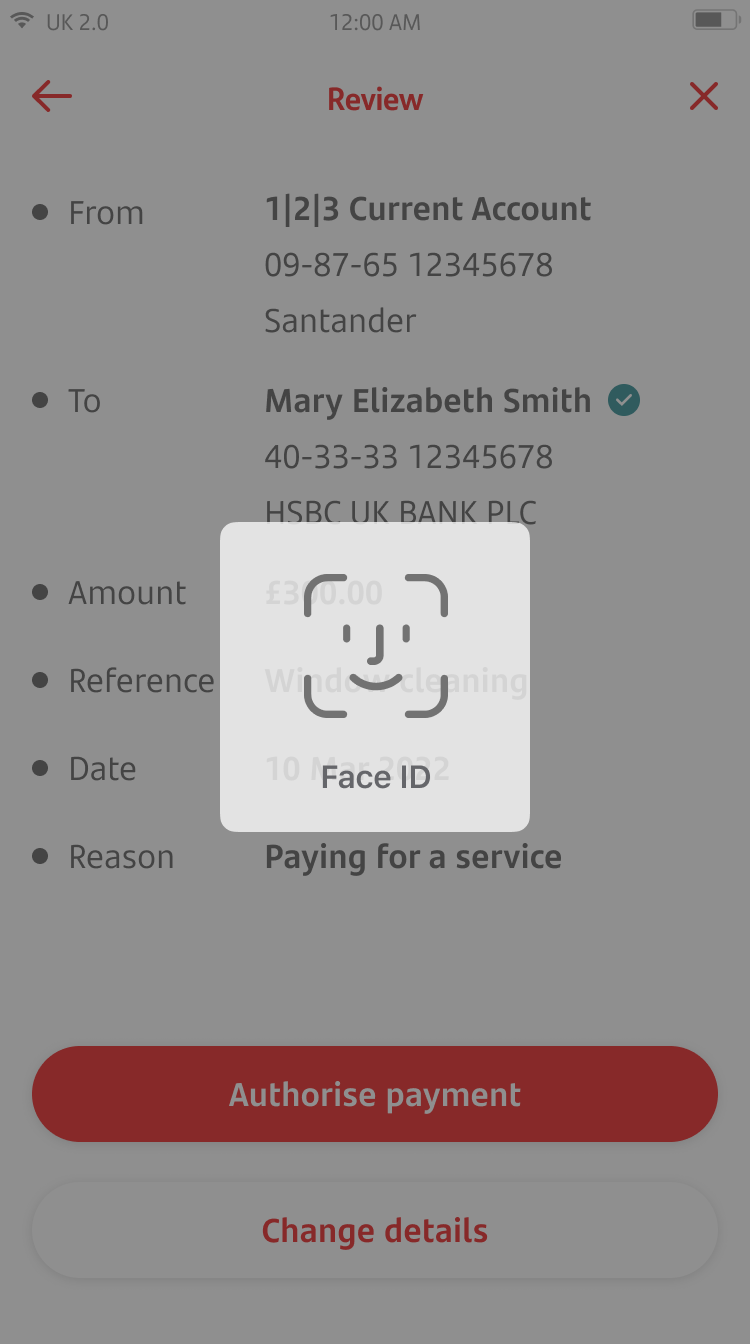 Payment auth screen.png Review screen for adding a new payee to an account.
