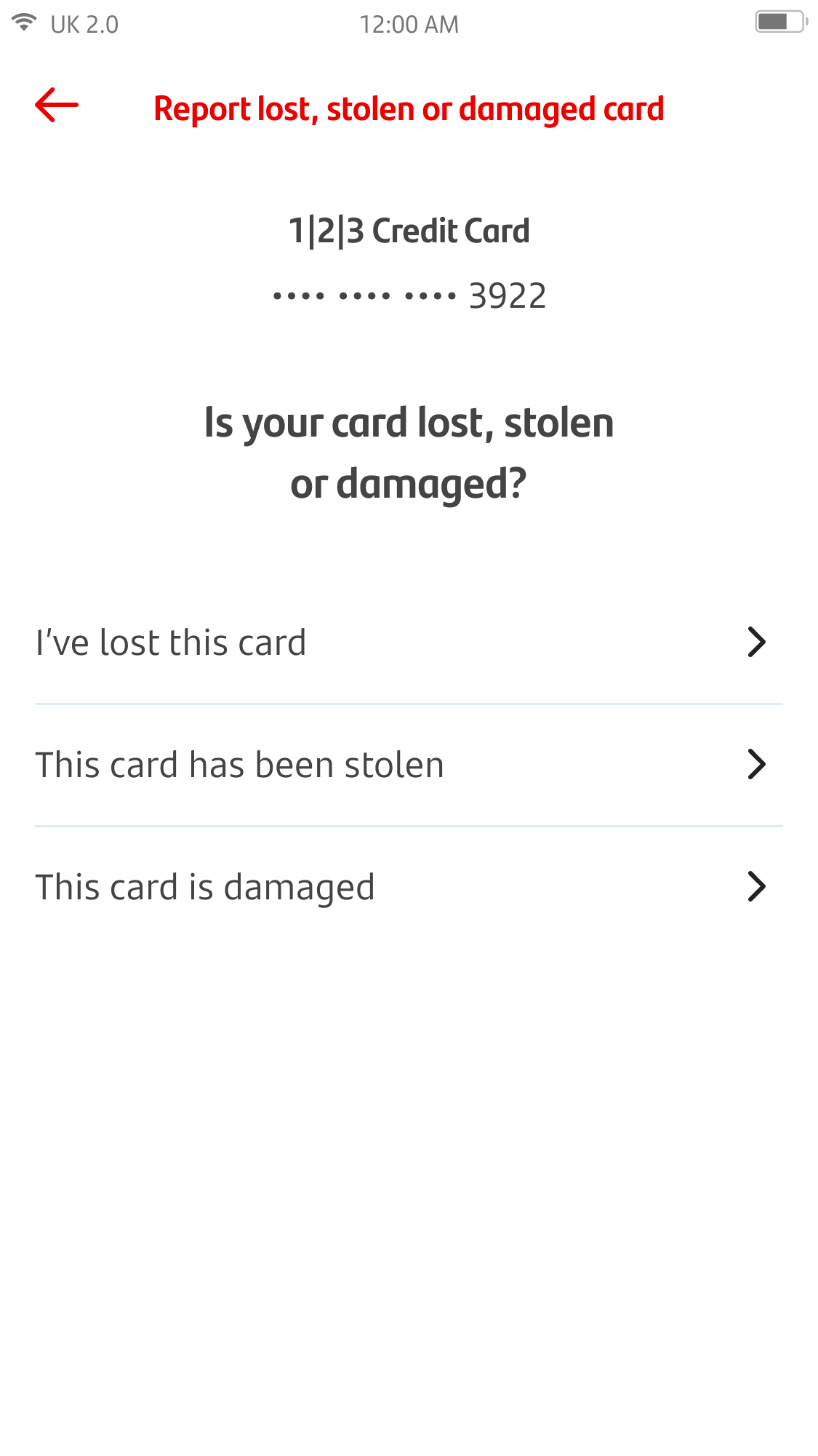 Report card lost stolen or damamged screen 3.p... Report lost, stolen or damaged card screen.