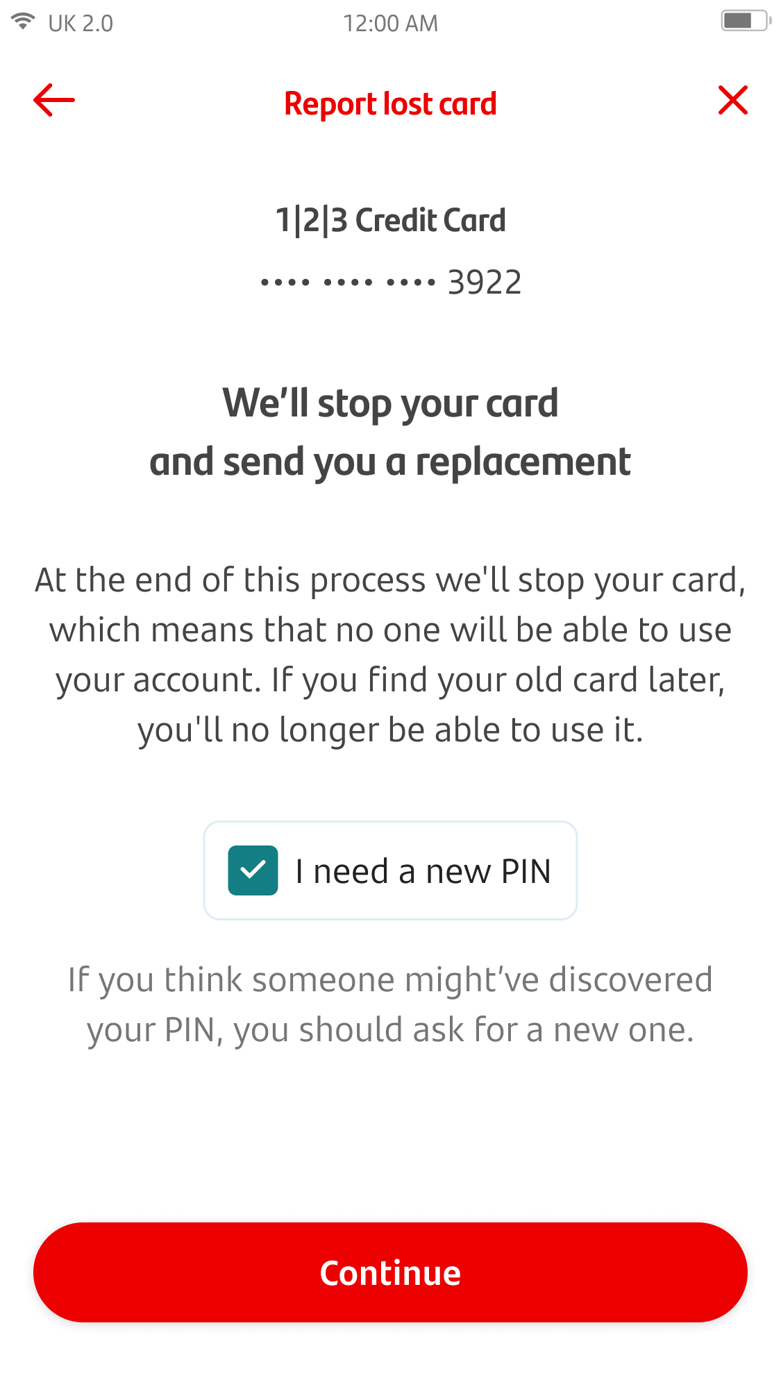 Report card lost stolen or damamged screen 4.p... Report lost card screen.