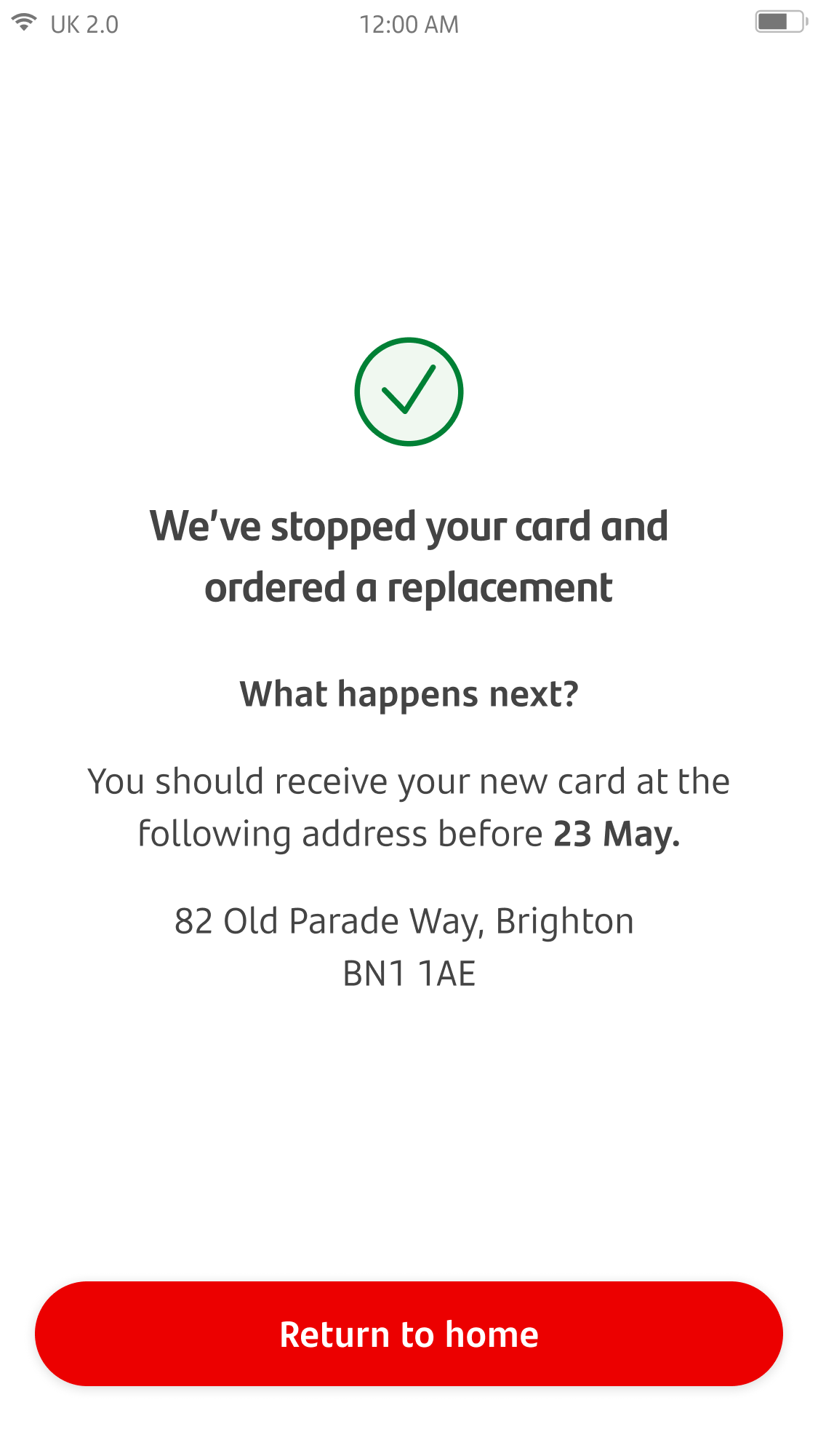 Report card lost stolen or damamged screen 7.p... Success screen for stopping a card and ordering a replacement.