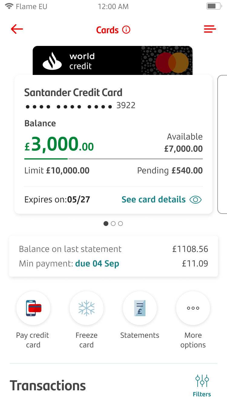 View Card Details Screen 2a.png Screen showing a Santander Credit Card details.