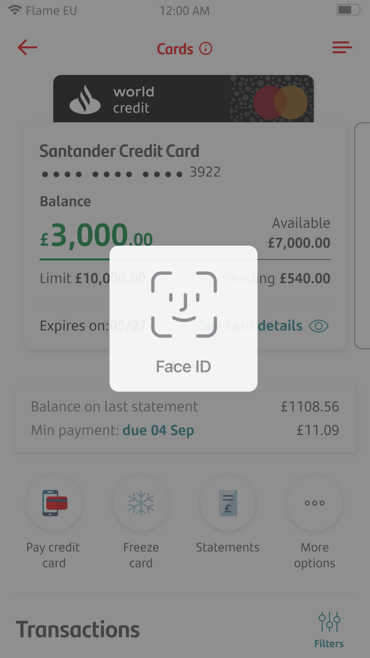 View Card Details Screen 3a.png Screen showing face ID confirmation.