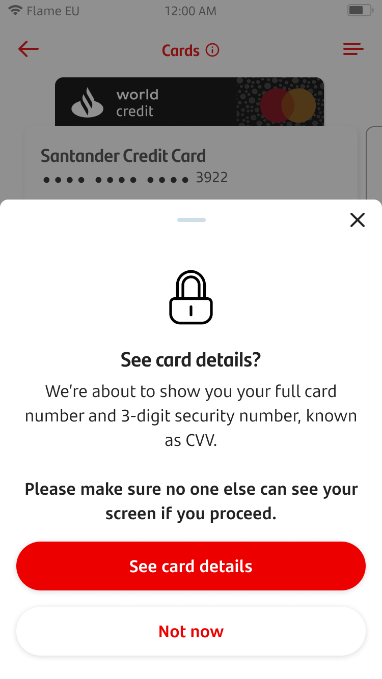 View Card Details Screen 4.png Warning screen letting customer know they will be able to see their card details in the next screen if they continue.