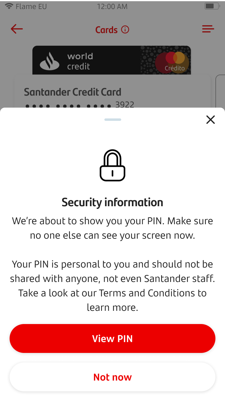 View PIN Screen 5.png Warning screen letting customer know they will be able to see their card's PIN in the next screen if they continue.