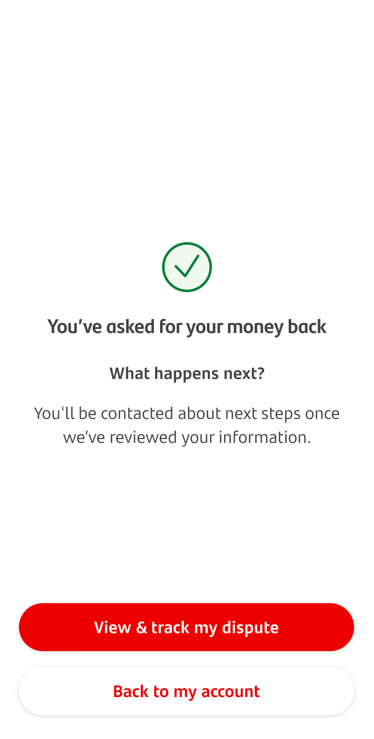Screen confirming the report has been sent, with 'View & track my dispute' and 'Back to my account' buttons.