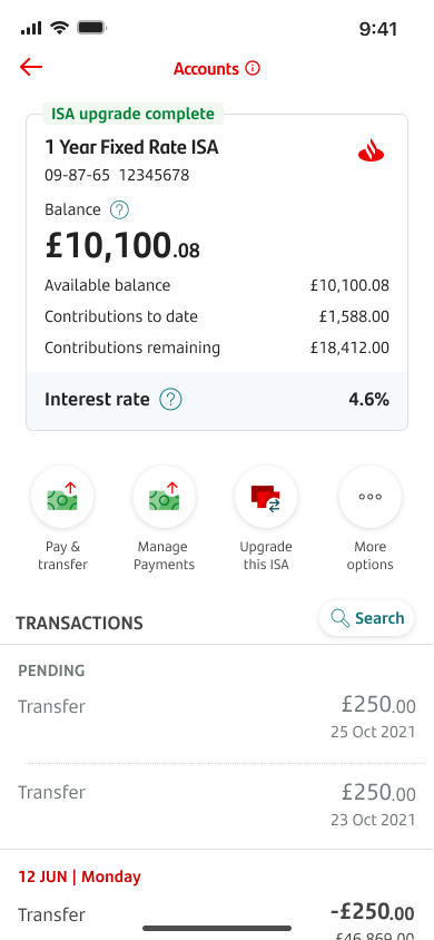 A screen showing an ISA and transactions. There is a button called ‘Upgrade your ISA’