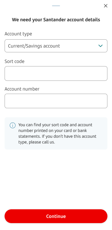 A form asking for account type, sort code and account number to be entered