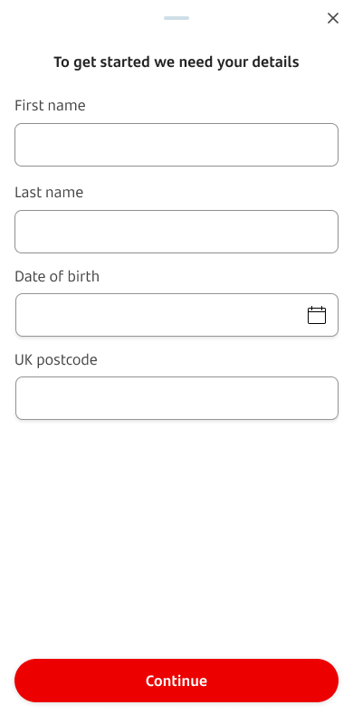 A form asking for first name, last name, date of birth and UK postcode to be entered 