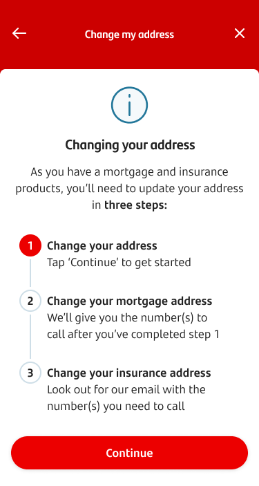 A list of steps for changing your address. This explains that mortgages and insurance address changes will need to be done by phoning a number we’ll provide.
