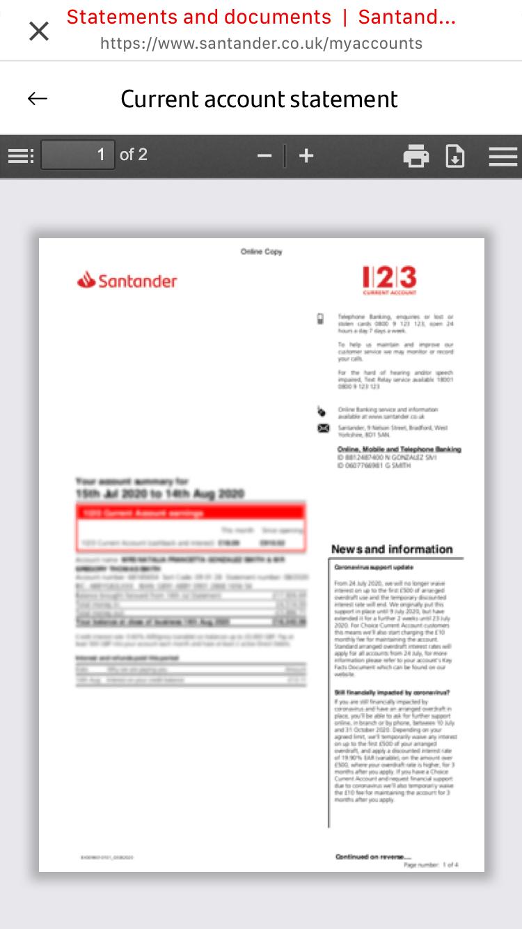 Screenshot of mobile banking PDF viewer