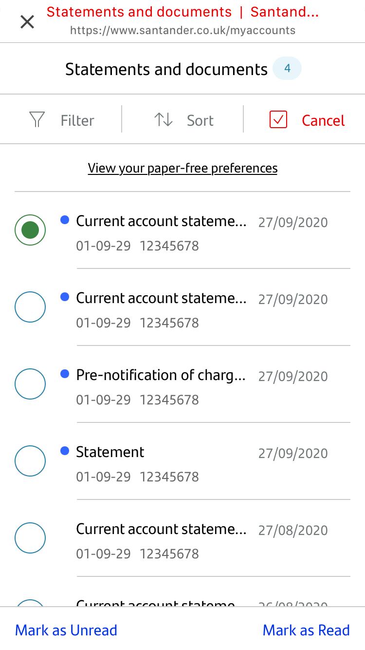 Screenshot of mobile banking document mark as read screen
