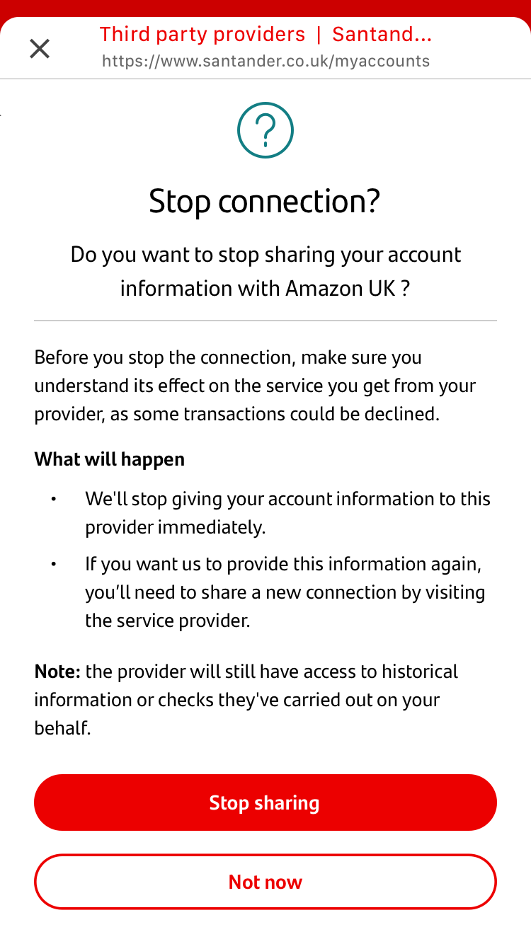 Screen in Mobile Banking asking to confirm whether you want to stop sharing your account information with a third-party provider. Screen in Mobile Banking asking to confirm whether you want to stop sharing your account information with a third-party provider.