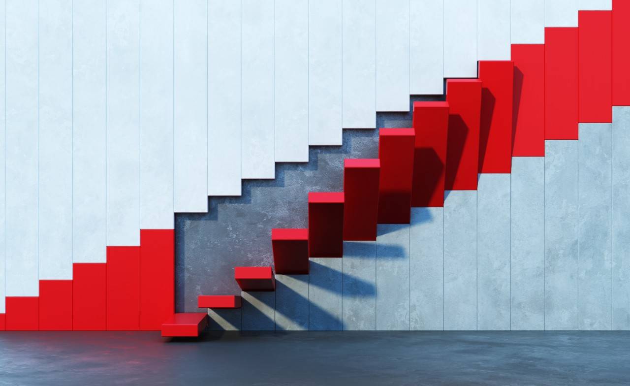 Red stairs leading upward, architectural composition.