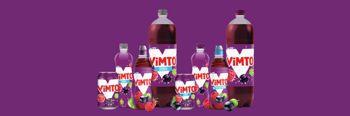 Image of 8 Vimto drink products on a purple background.